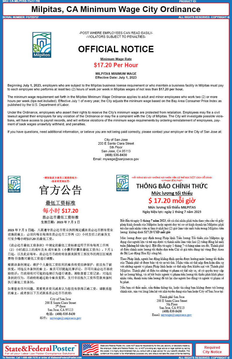 Milpitas, California Minimum Wage Poster (Trilingual) — State and Federal  Poster