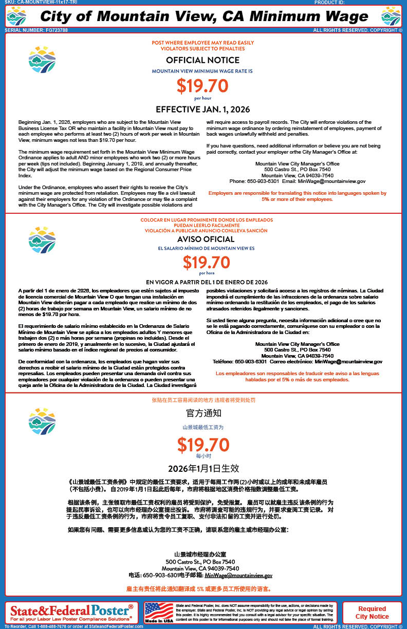 Mountain View, California Minimum Wage Poster (Trilingual) — State and ...