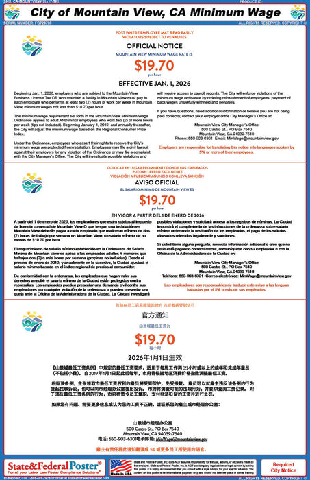 Mountain View, California Minimum Wage Poster (Trilingual)