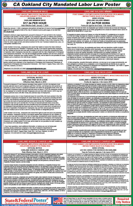 Oakland, California City Mandated Labor Law Poster (Bilingual)