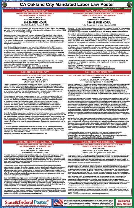 Oakland, California City Mandated Labor Law Poster (Bilingual) - State and Federal Poster