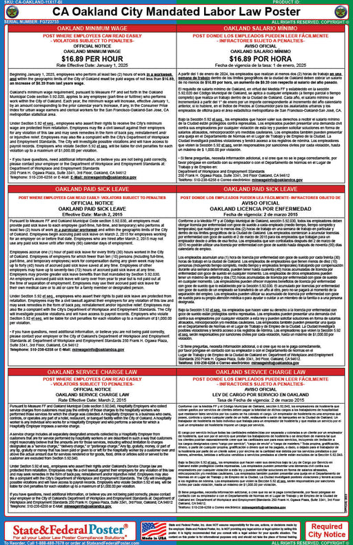 Oakland, California City Mandated Labor Law Poster (Bilingual) - State and Federal Poster