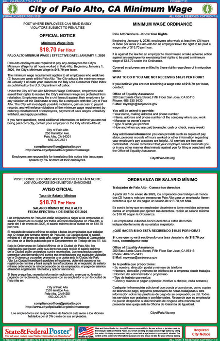 Digital Palo Alto, California City Labor Law Poster (Bilingual)