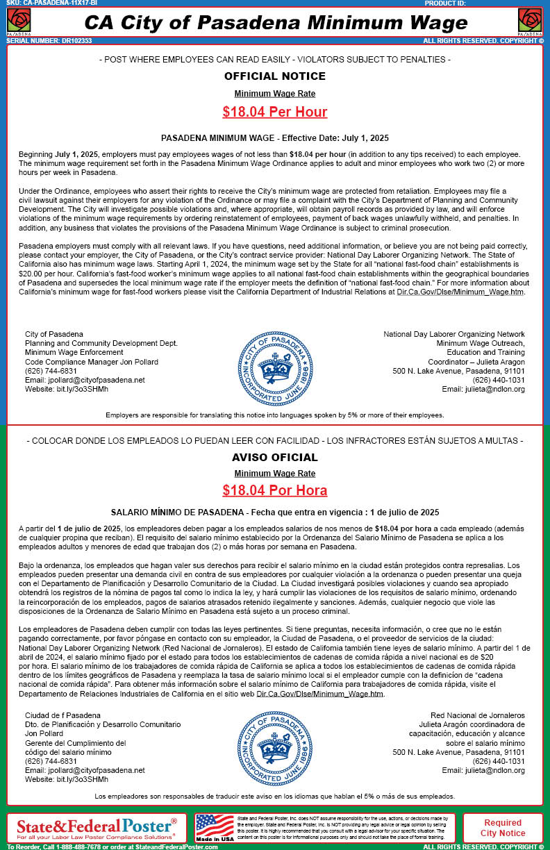 Pasadena, California Minimum Wage Poster (Bilingual) — State and ...