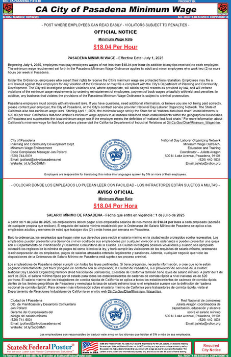 Pasadena, California Minimum Wage Poster (Bilingual) - State and Federal Poster