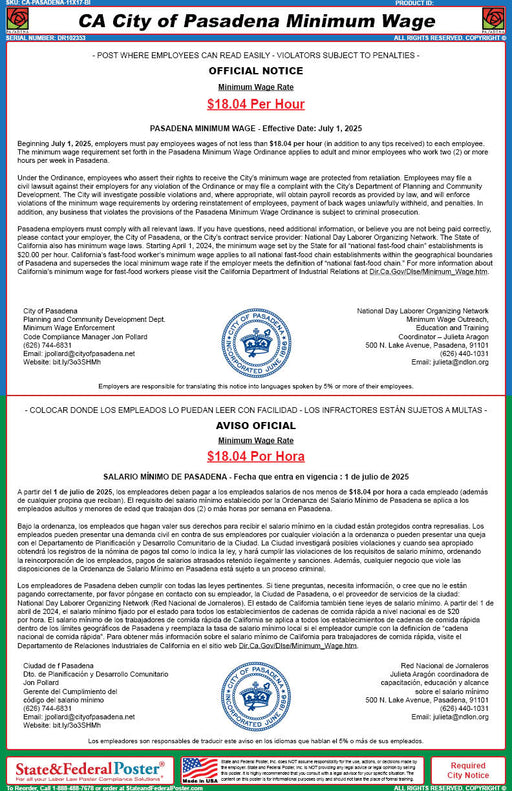 Pasadena, California Minimum Wage Poster (Bilingual) - State and Federal Poster