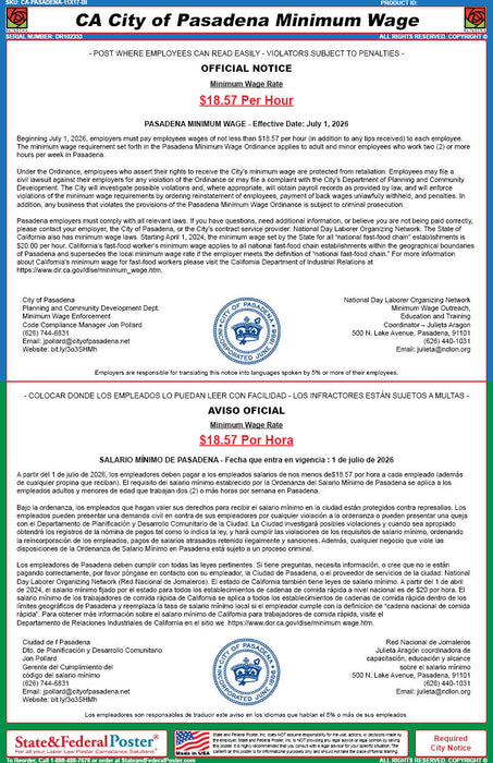 Pasadena, California Minimum Wage Poster (Bilingual)