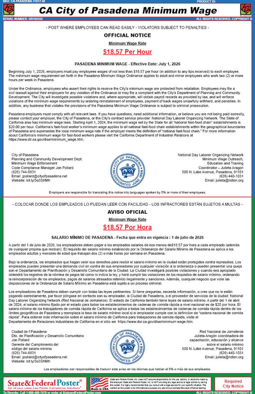Pasadena, California Minimum Wage Poster (Bilingual) - State and Federal Poster