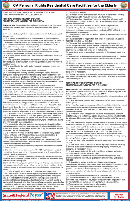 California Personal Rights Notice Residential Care Facilities for the Elderly - State and Federal Poster