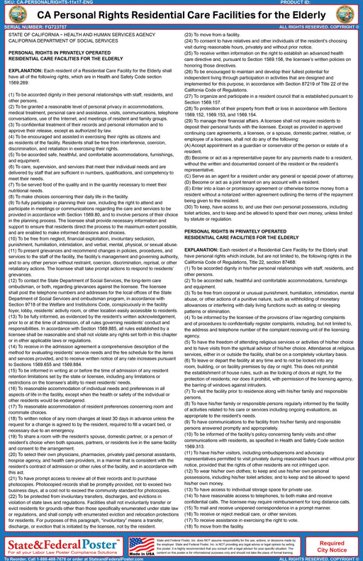California Personal Rights Notice Residential Care Facilities for the Elderly - State and Federal Poster
