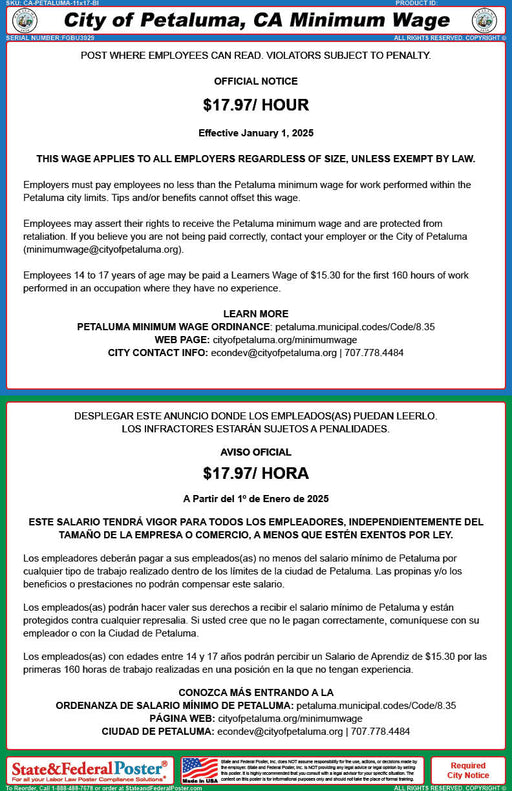 Petaluma, California Minimum Wage Poster (Bilingual) - State and Federal Poster