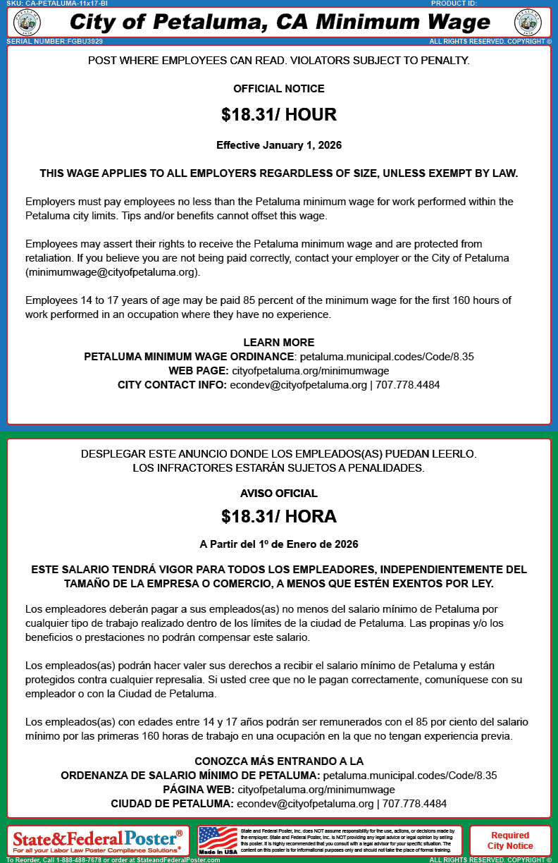 Digital Petaluma, California Minimum Wage Poster (Bilingual) | State ...