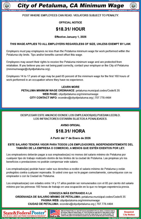 Digital Petaluma, California Minimum Wage Poster (Bilingual)