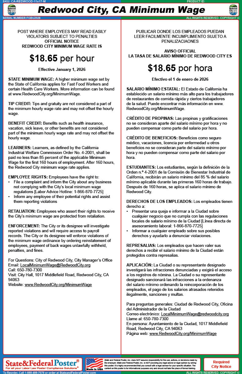 Digital Redwood City, California Minimum Wage Poster (Multilingual ...