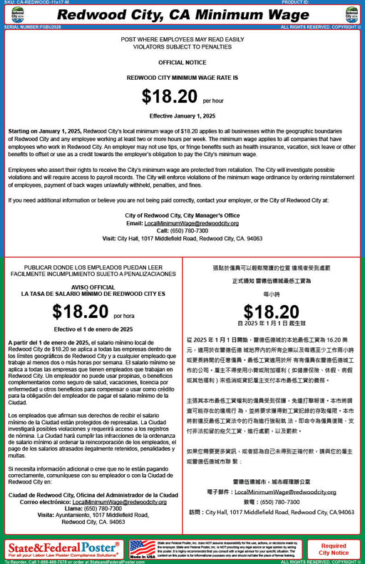 Redwood City, California Minimum Wage Poster (Multilingual) - State and Federal Poster