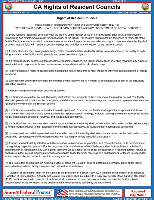 California Rights of Resident Councils Poster - State and Federal Poster