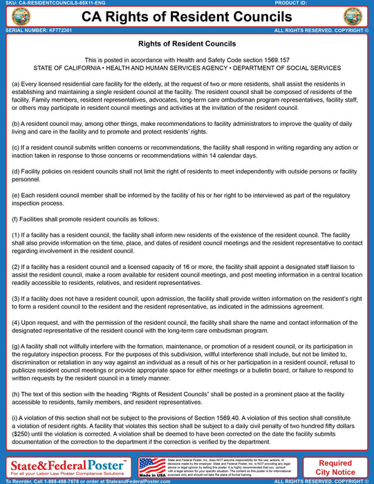 California Rights of Resident Councils Poster - State and Federal Poster
