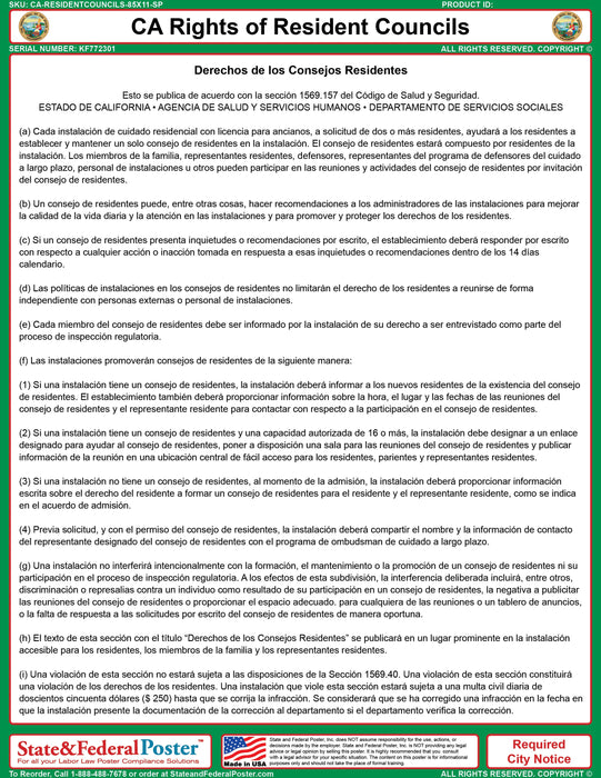 California Rights of Resident Councils Poster - State and Federal Poster