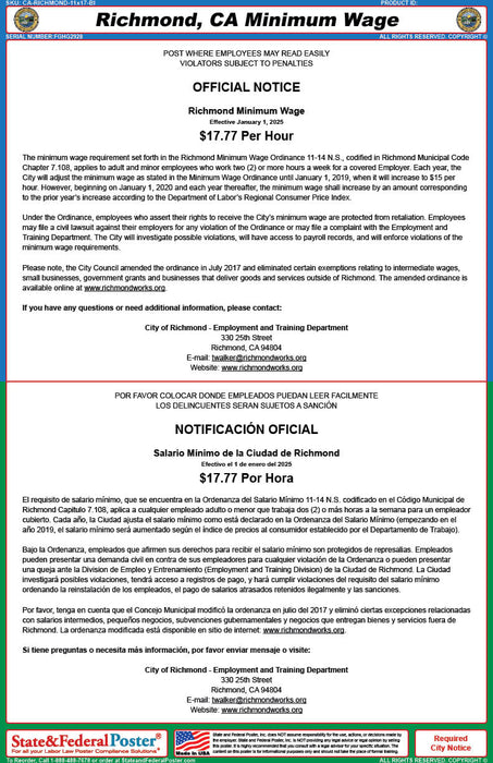 Richmond, California Minimum Wage Poster (Bilingual) - State and Federal Poster
