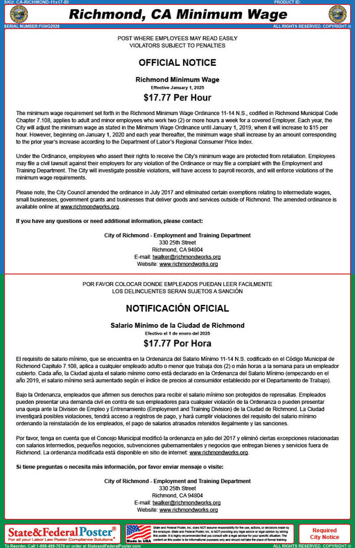 Richmond, California Minimum Wage Poster (Bilingual) - State and Federal Poster