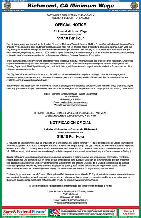 Richmond, California Minimum Wage Poster (Bilingual)