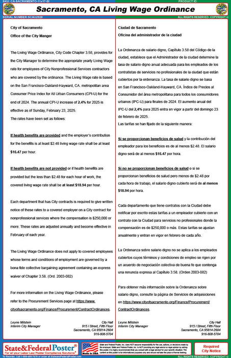 Sacramento, California Living Wage Ordinance (Bilingual) - State and Federal Poster