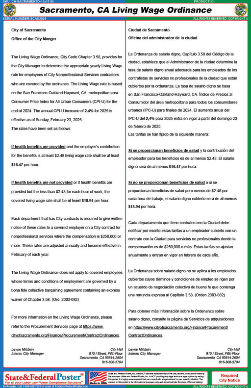 Sacramento, California Living Wage Ordinance (Bilingual) - State and Federal Poster