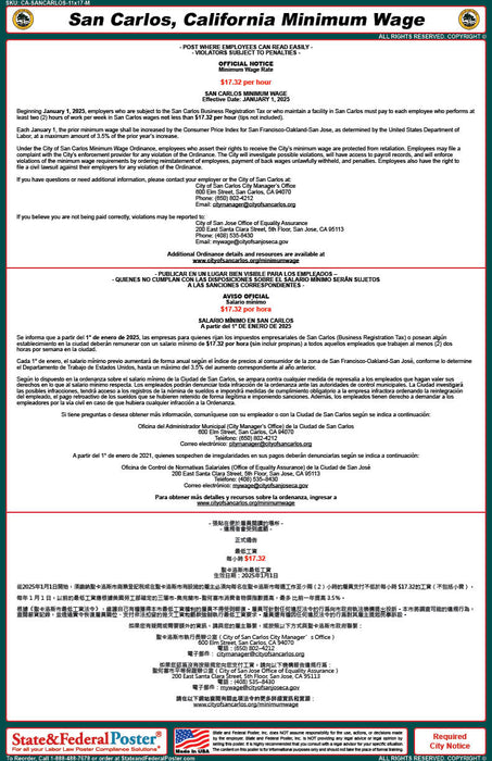Digital San Carlos, California Minimum Wage Poster (Multilingual)