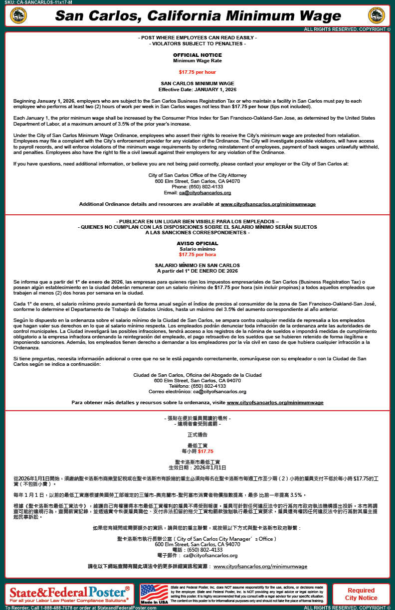 San Carlos, California Minimum Wage Poster (Multilingual) — State and ...
