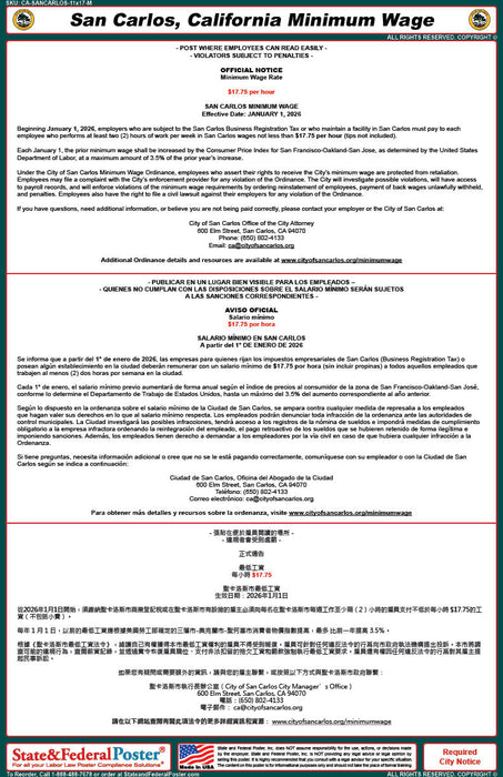 San Carlos, California Minimum Wage Poster (Multilingual)