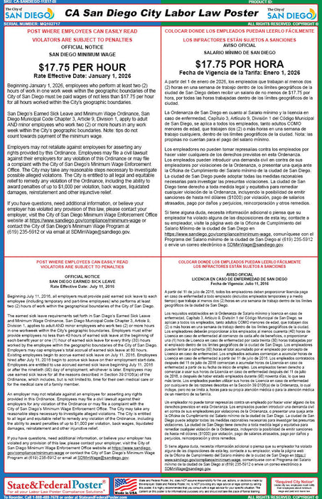 Digital San Diego, California City Labor Law Poster (Bilingual)