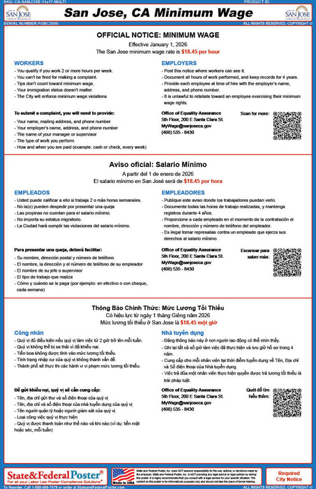 Digital San Jose Minimum Wage Poster (Multilingual)