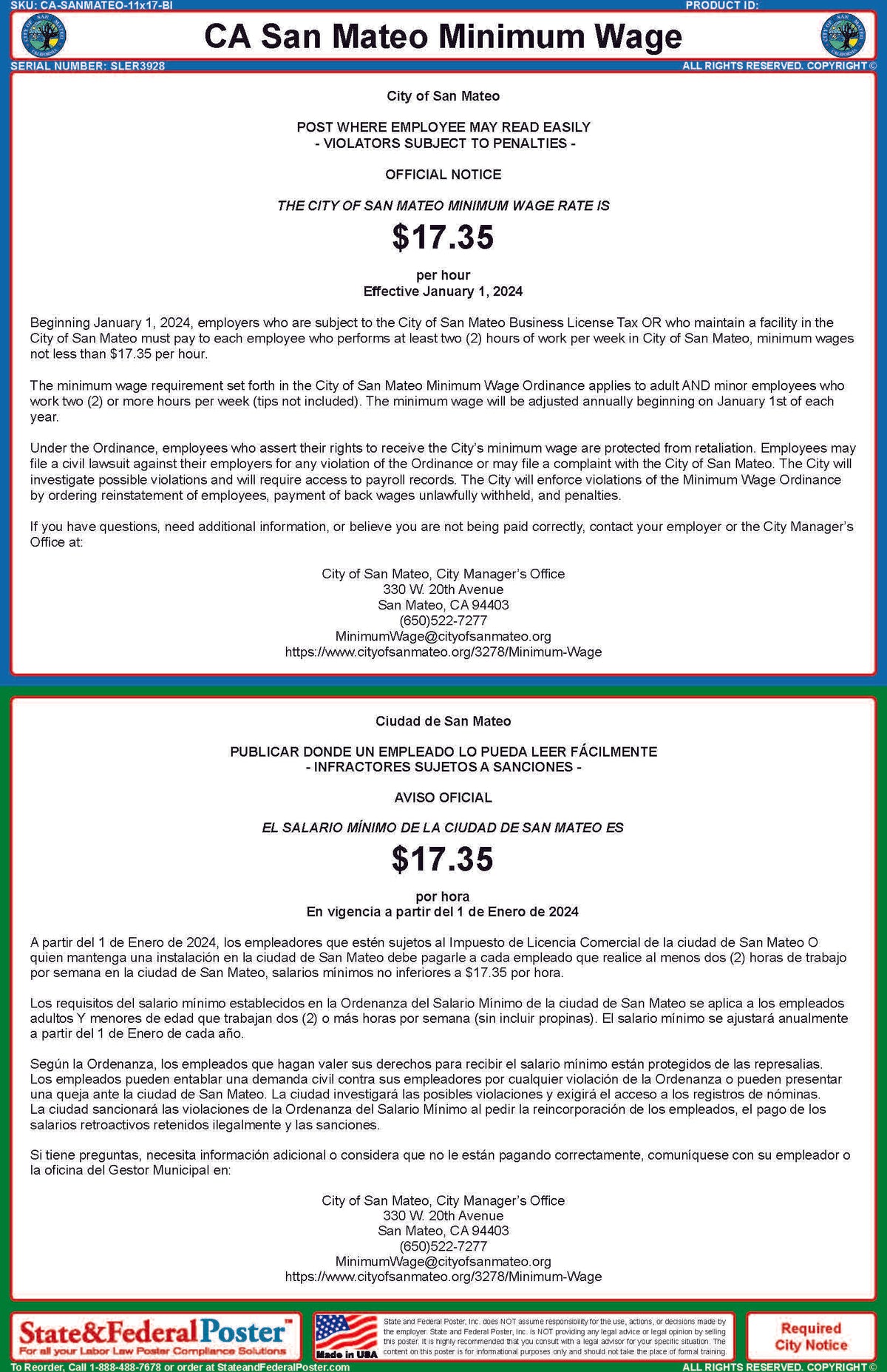 San Mateo, California Minimum Wage Poster (Bilingual) — State and