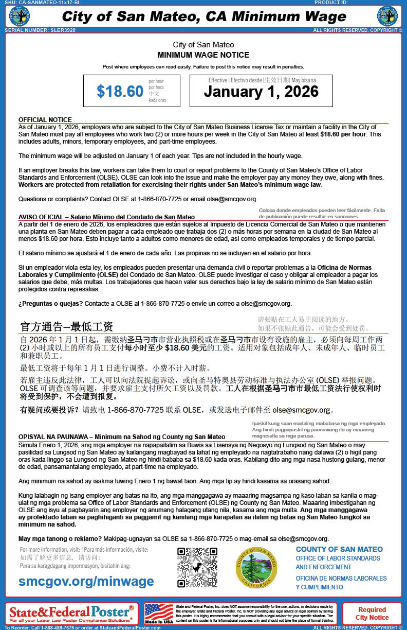 Digital City of San Mateo, California Minimum Wage Poster (Bilingual ...