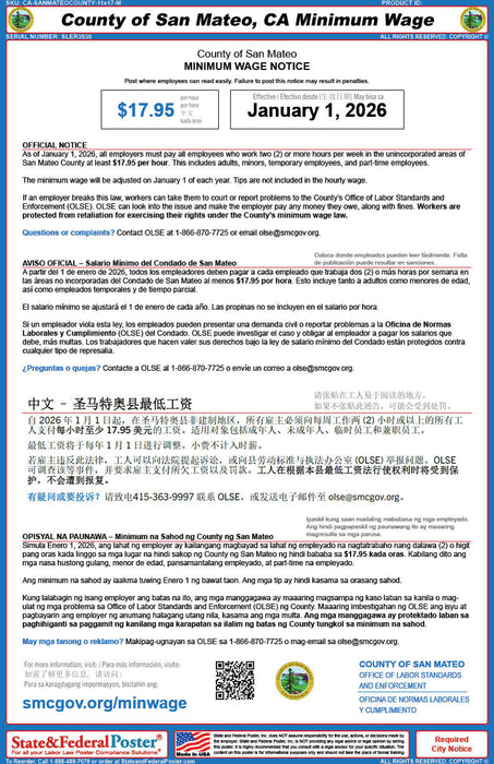 Digital County of San Mateo, California Minimum Wage Poster (Multilingual)