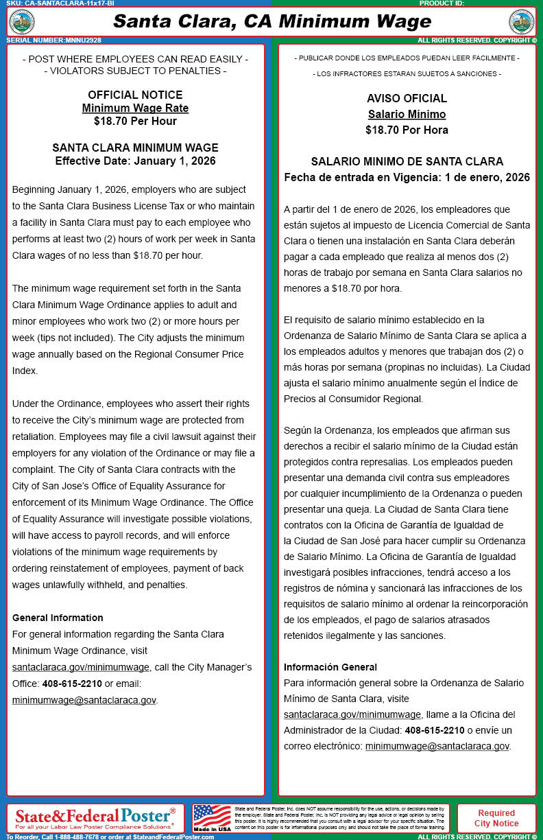 Santa Clara, California Minimum Wage Poster (Bilingual) — State and ...