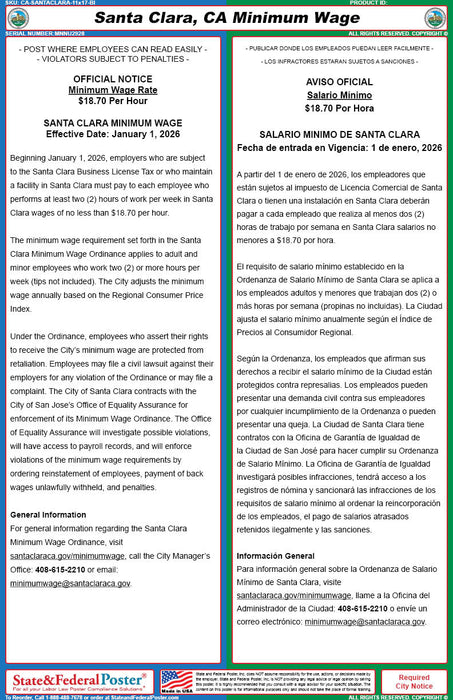 Digital Santa Clara, California Minimum Wage Poster (Bilingual)