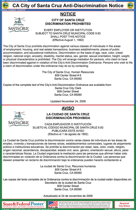 Santa Cruz, California Anti-Discrimination Notice (Bilingual) - State and Federal Poster