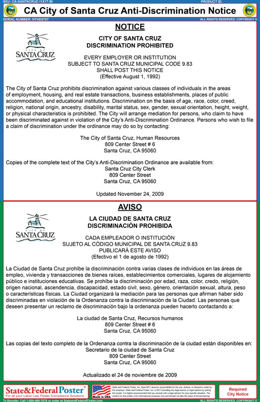 Santa Cruz, California Anti-Discrimination Notice (Bilingual) - State and Federal Poster