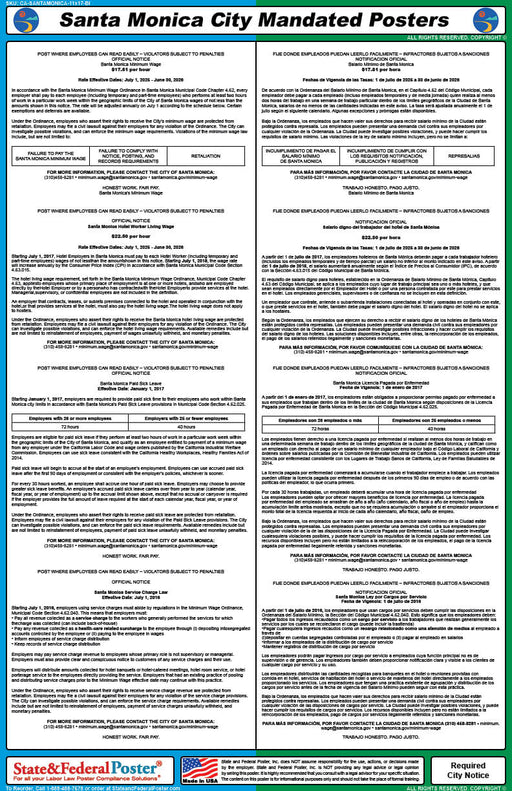 Santa Monica, California Mandated Poster (Bilingual) - State and Federal Poster