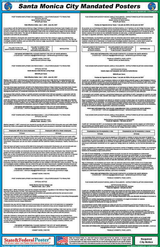 Santa Monica, California Mandated Poster (Bilingual) - State and Federal Poster