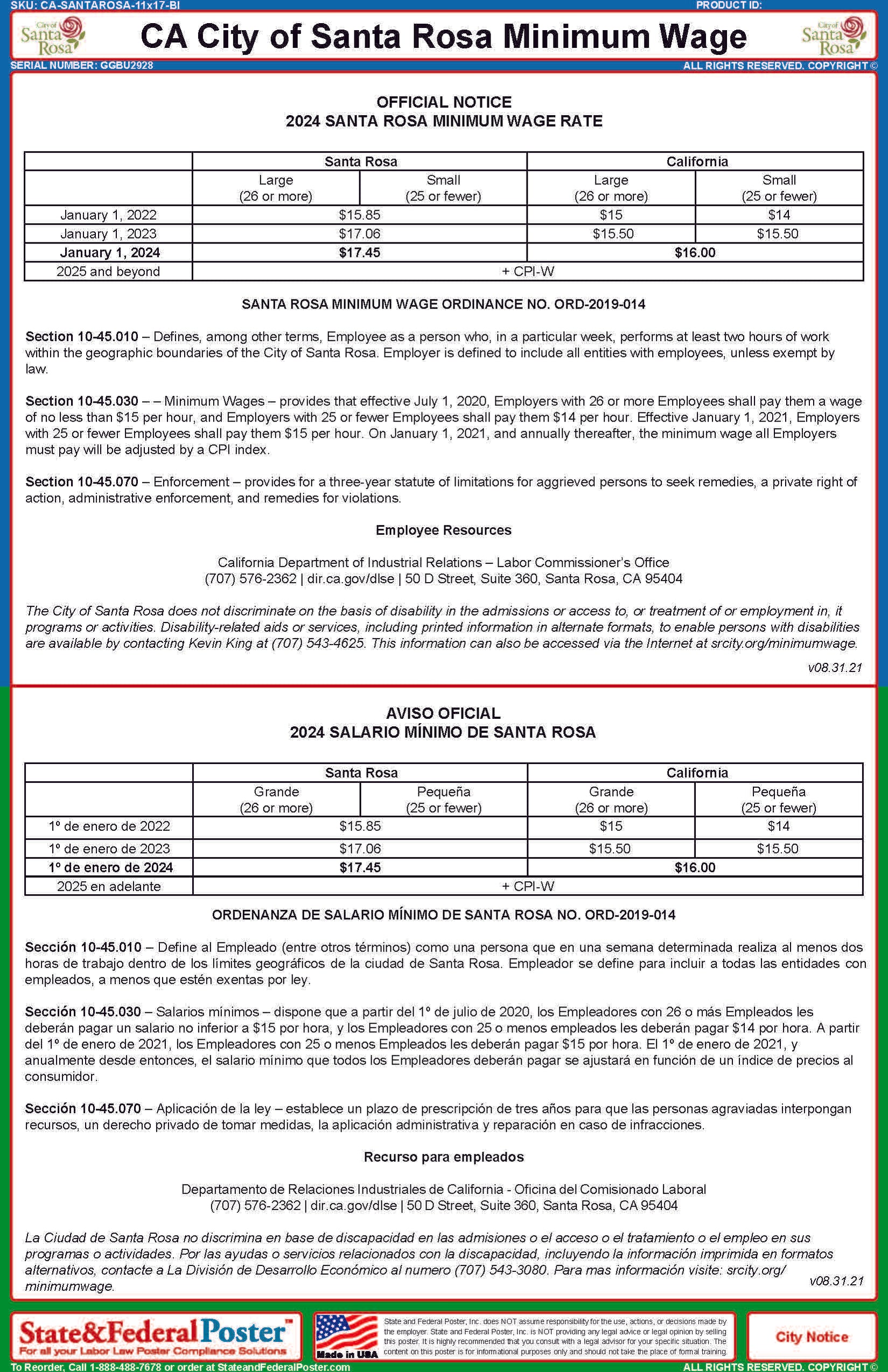 Santa Rosa, California Minimum Wage Poster (Bilingual) — State and