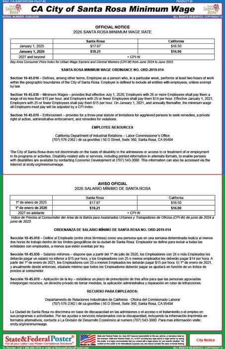 Digital Santa Rosa, California Minimum Wage Poster (Bilingual)