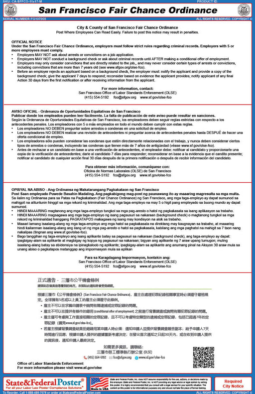 San Francisco, California Fair Chance Ordinance (Multilingual) - State and Federal Poster