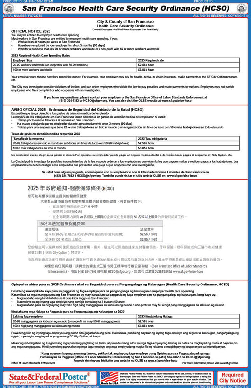 San Francisco Health Care Security Ordinance (Multilingual) - State and Federal Poster
