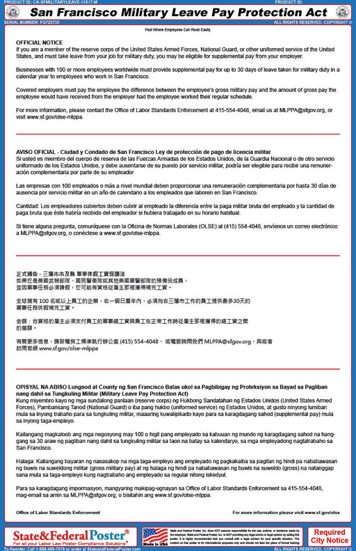 Digital San Francisco Military Leave Pay Protection Act (Multilingual) - State and Federal Poster
