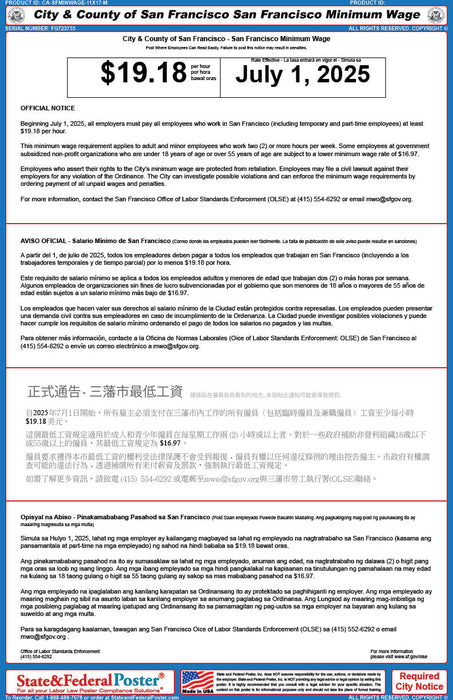 Digital San Francisco, California Minimum Wage Poster (Multilingual)