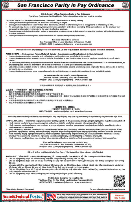 San Francisco Parity in Pay Ordinance Notice (Multilingual) - State and Federal Poster
