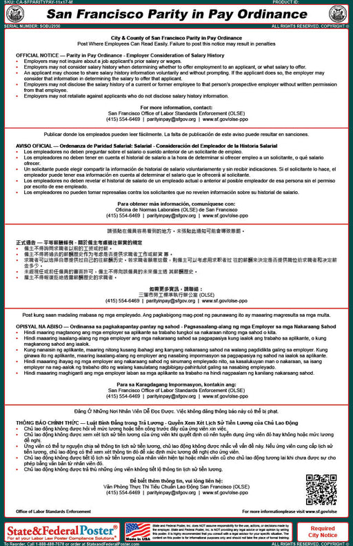Digital San Francisco Parity in Pay Ordinance Notice (Multilingual) - State and Federal Poster