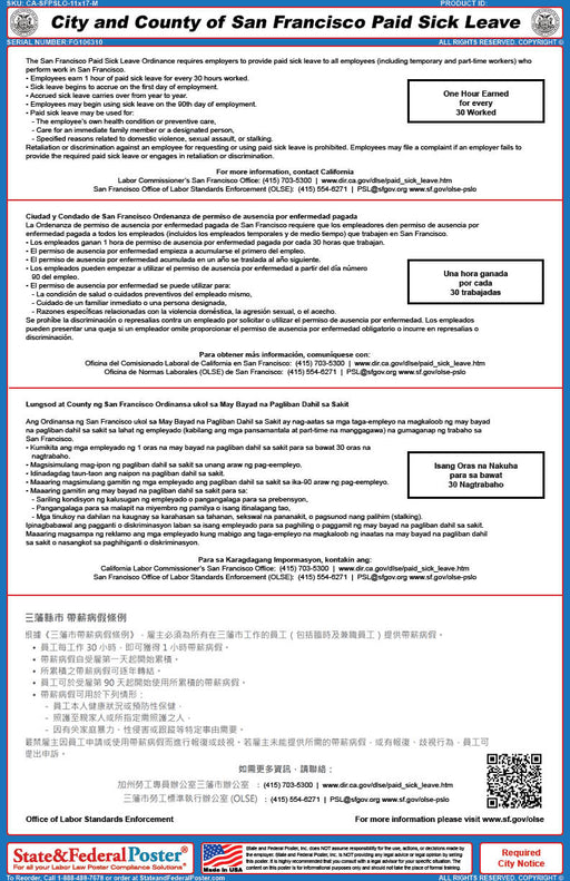 San Francisco, California Paid Sick Leave Ordinance (Multilingual) - State and Federal Poster
